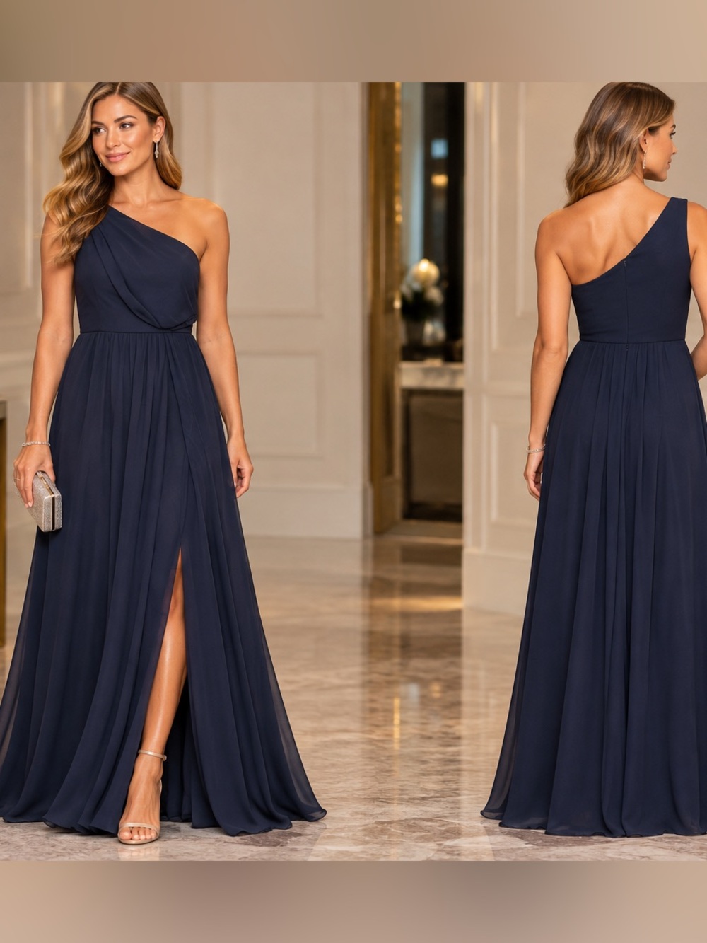 Adrianna Papell - One Shoulder Navy Blue Chiffon Gown $250 - Picture 3 of 3